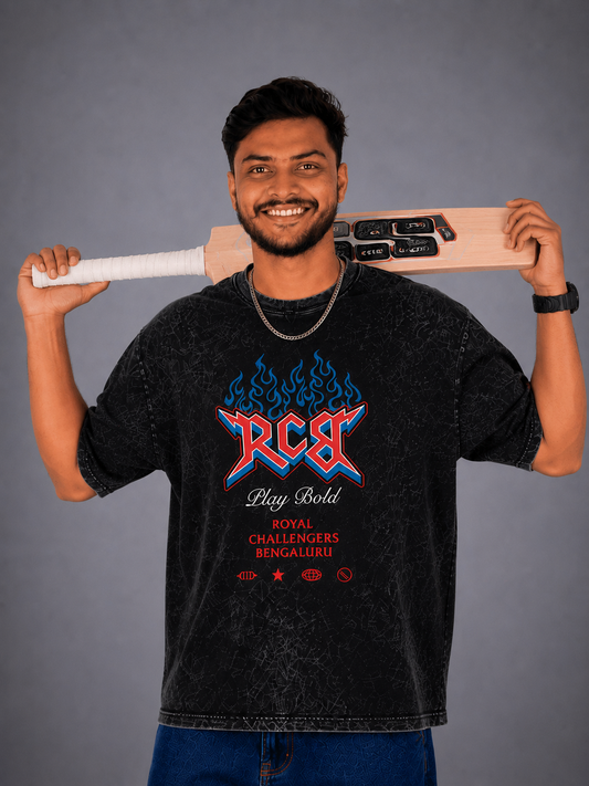 RCB PLAY BOLD Acid Wash Oversized T-Shirt for Men | Pixalflux