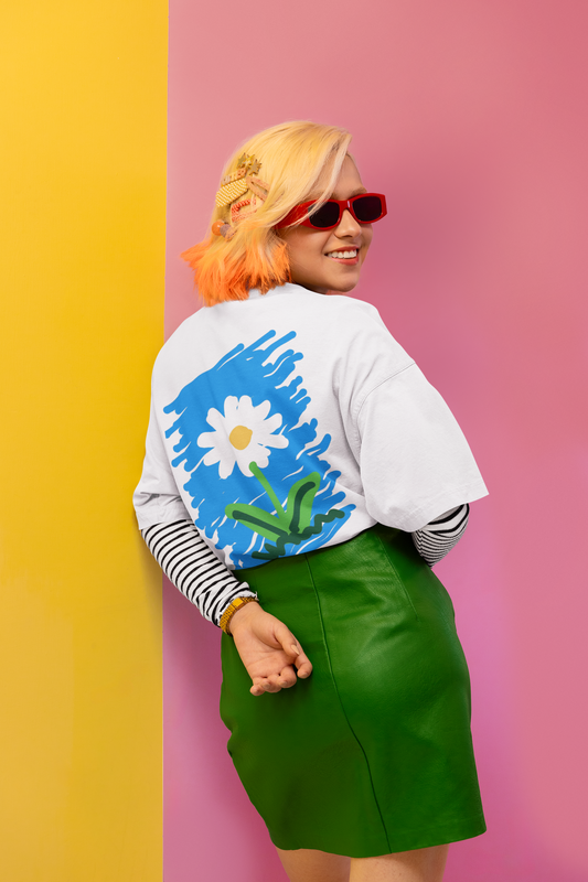 Blue Daisy Back Print Oversized T-Shirt for Women