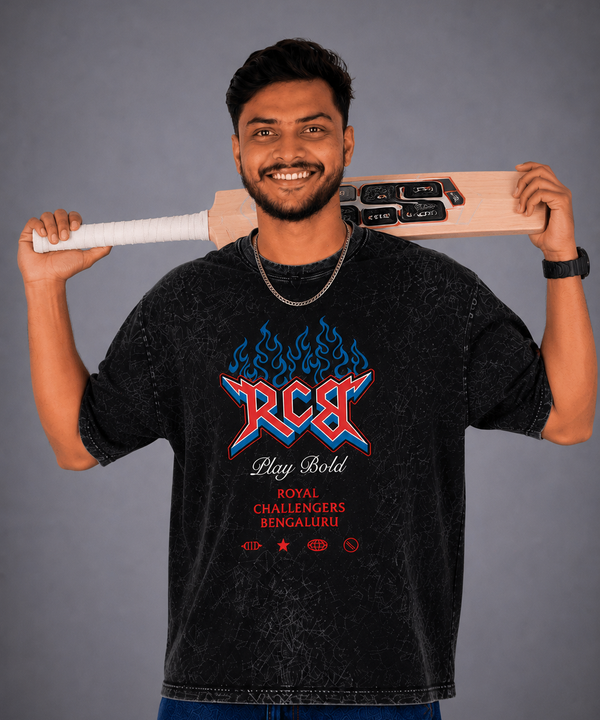 RCB PLAY BOLD Acid Wash Oversized T-Shirt for Men | Pixalflux
