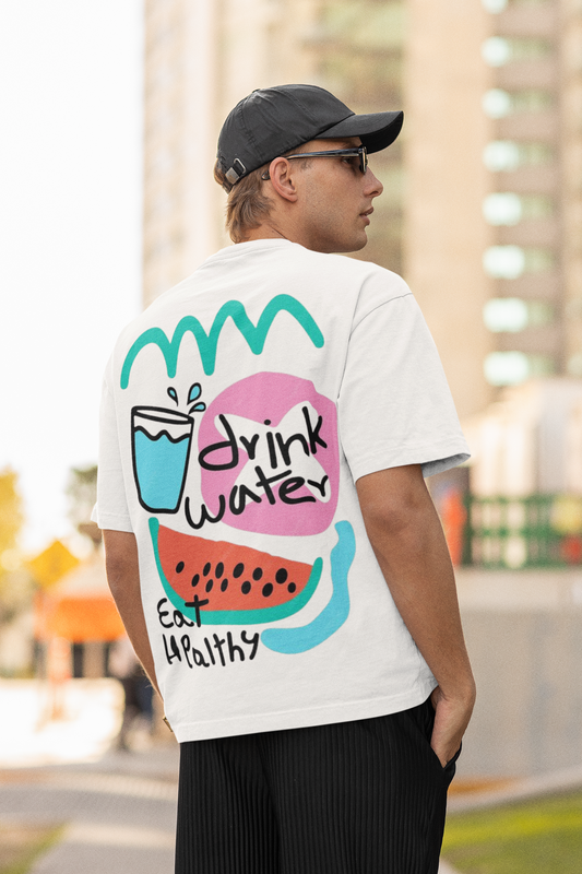 Drink Water Eat Healthy Back Print Oversized T-Shirt for Men