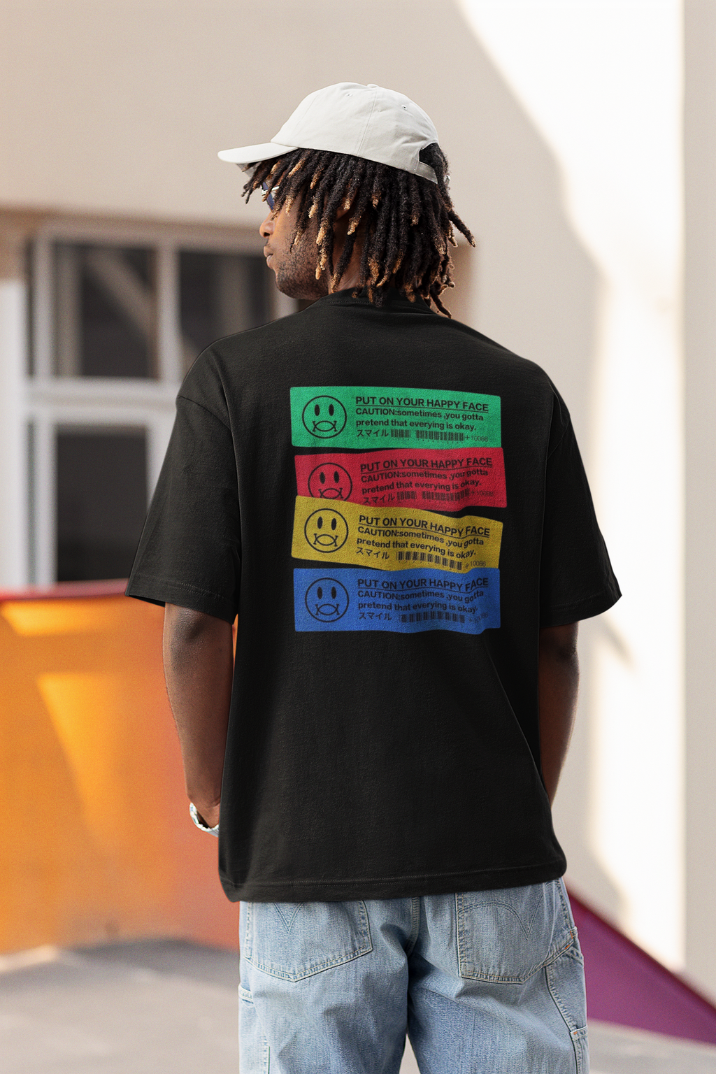 Put On Your Happy Face Back Print Oversized T-Shirt for Men