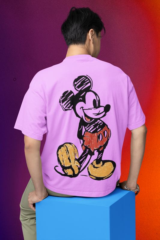 Mickey Mouse Print Oversized Lavender T-Shirt for Men