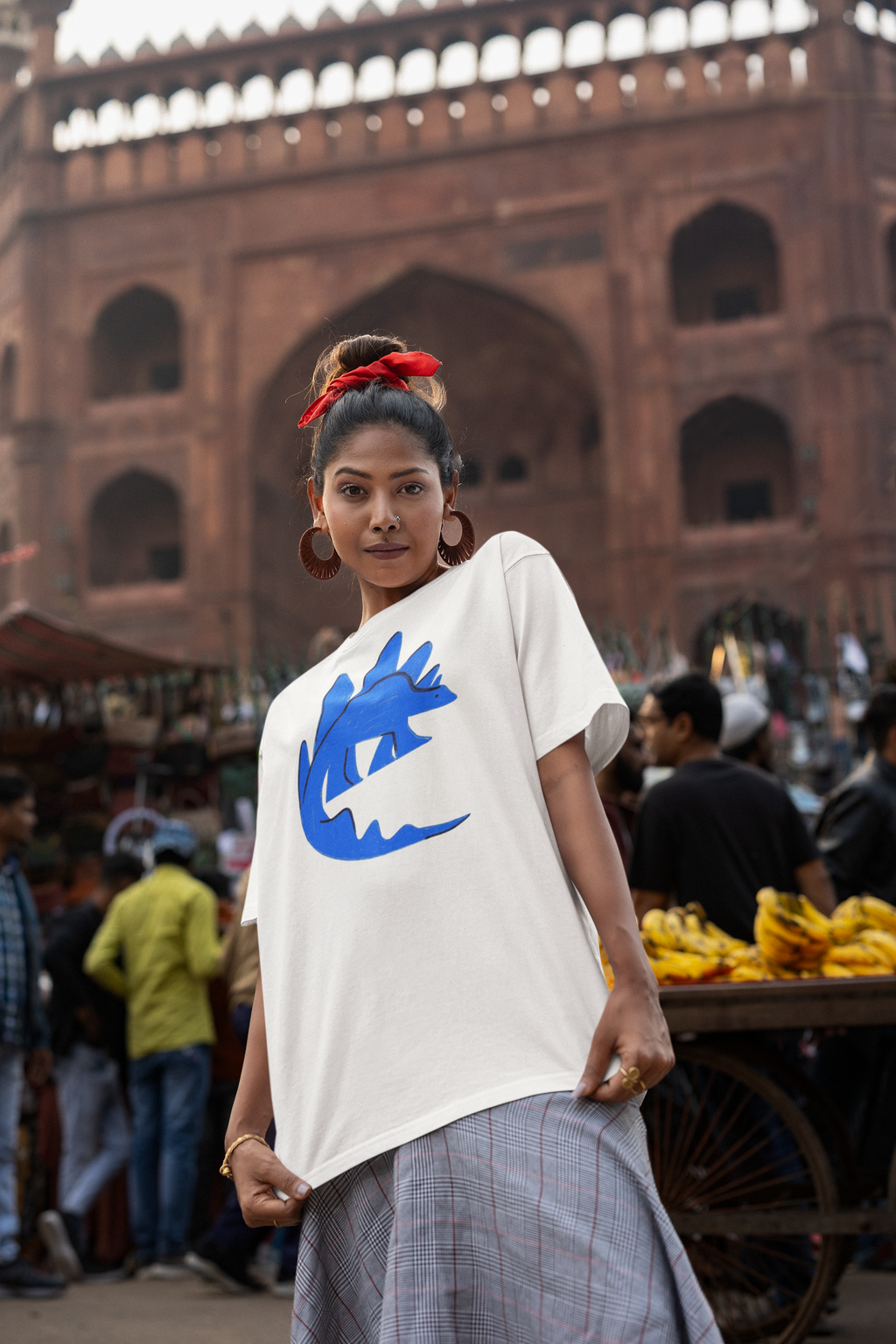 Blue Dinosaur Minimal Art Oversized T-Shirt for Women