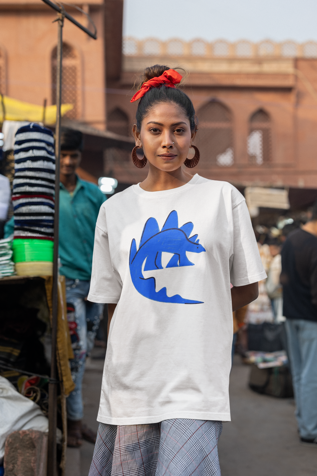 Blue Dinosaur Minimal Art Oversized T-Shirt for Women