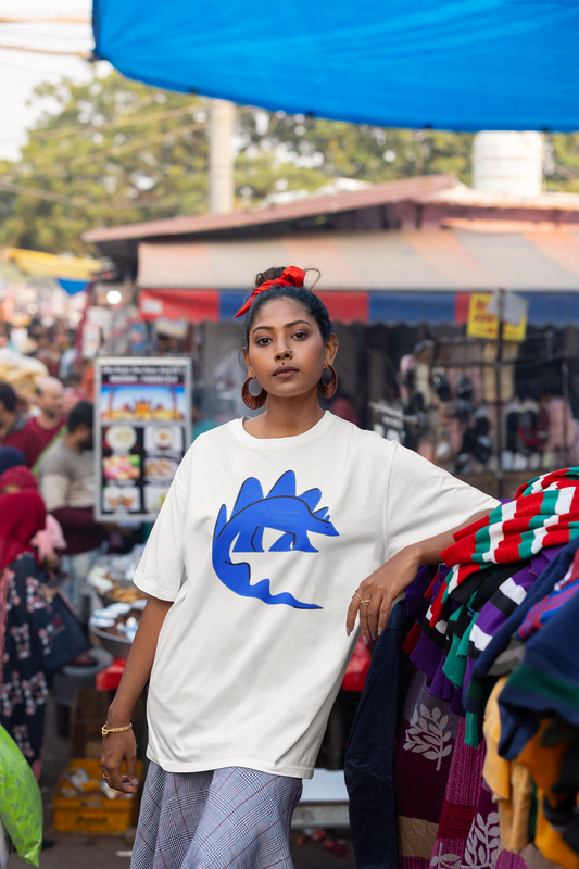 Blue Dinosaur Minimal Art Oversized T-Shirt for Women