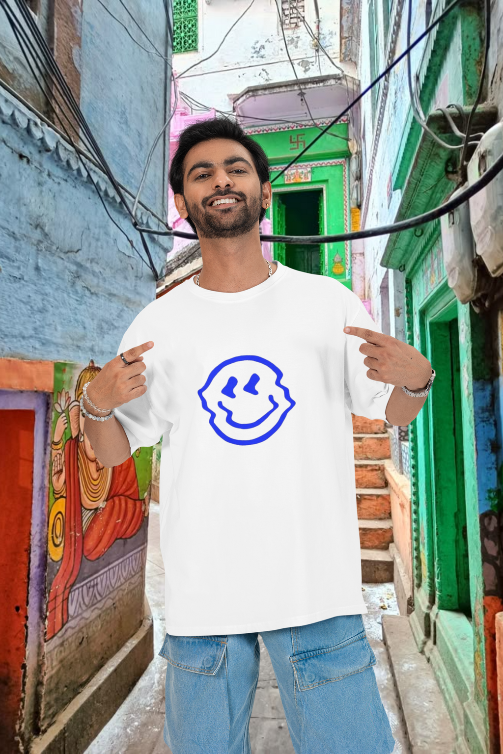 West Coast Graffiti Drip Smiley Oversized T-Shirt for Men