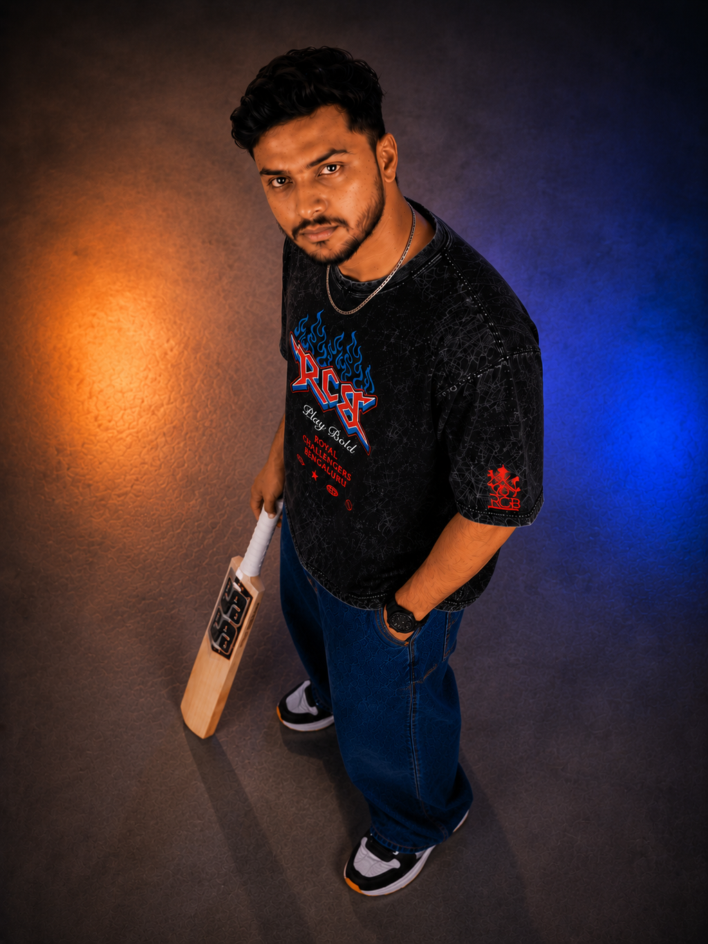 RCB PLAY BOLD Acid Wash Oversized T-Shirt for Men | Pixalflux