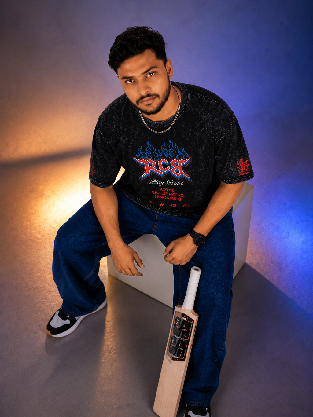 RCB PLAY BOLD Acid Wash Oversized T-Shirt for Men | Pixalflux