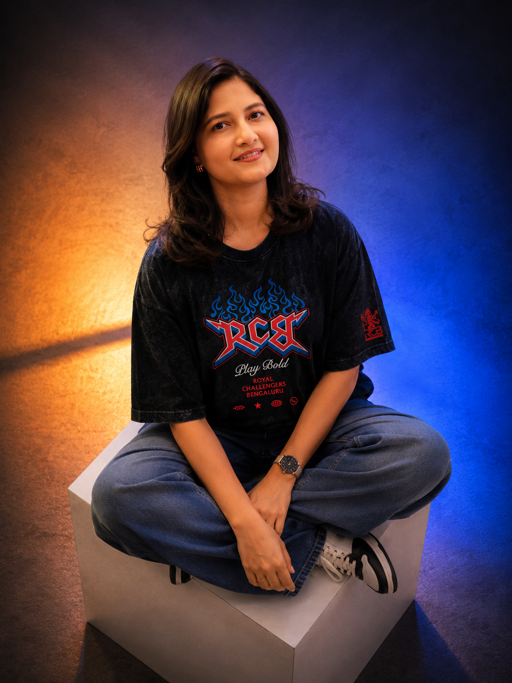 RCB PLAY BOLD Acid Wash Oversized T-Shirt for Unisex| Pixalflux