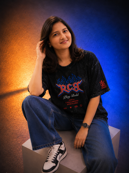 RCB PLAY BOLD Acid Wash Oversized T-Shirt for Unisex | Pixalflux