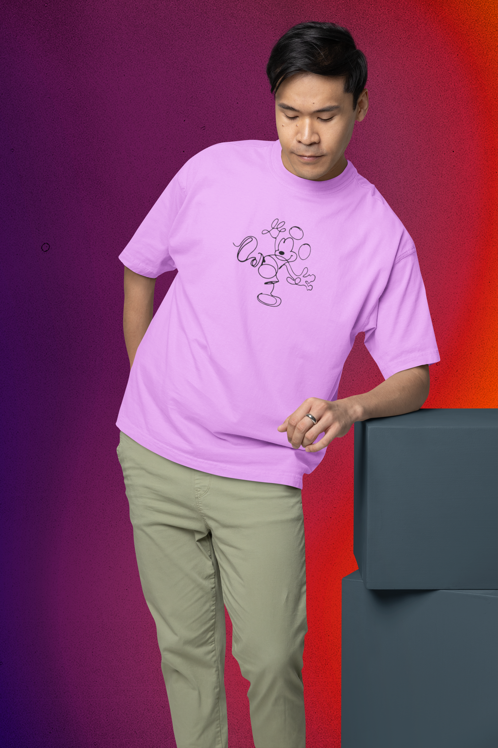 Mickey Mouse Print Oversized Lavender T-Shirt for Men