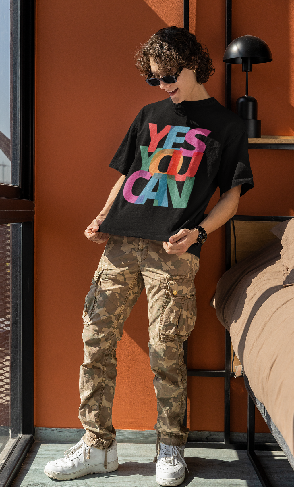 YES YOU CAN Black Oversized T-Shirt for Men