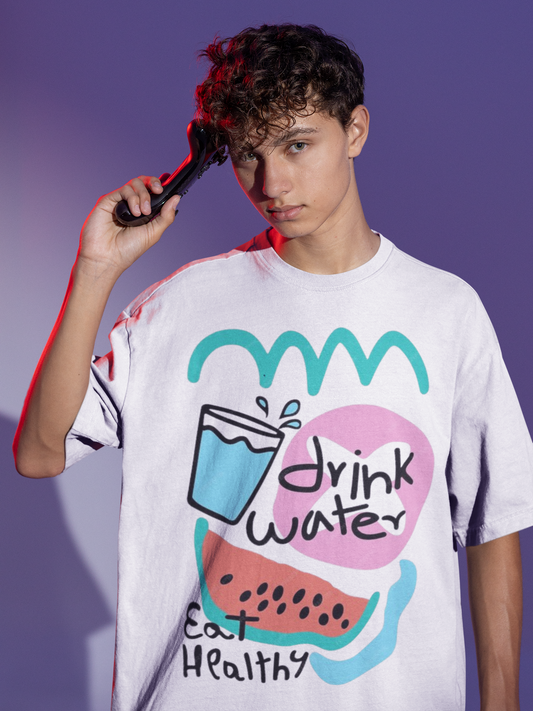Drink Water Eat Healthy Oversized T-Shirt for Men | Aesthetic Graphic Tee
