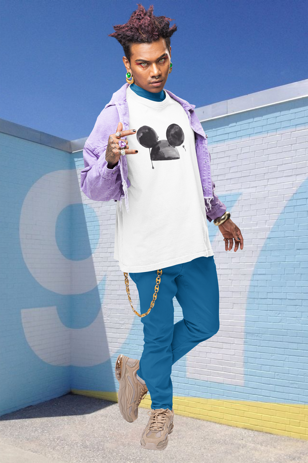 Mickey Mouse Sketch Print Oversized T-Shirt for Men