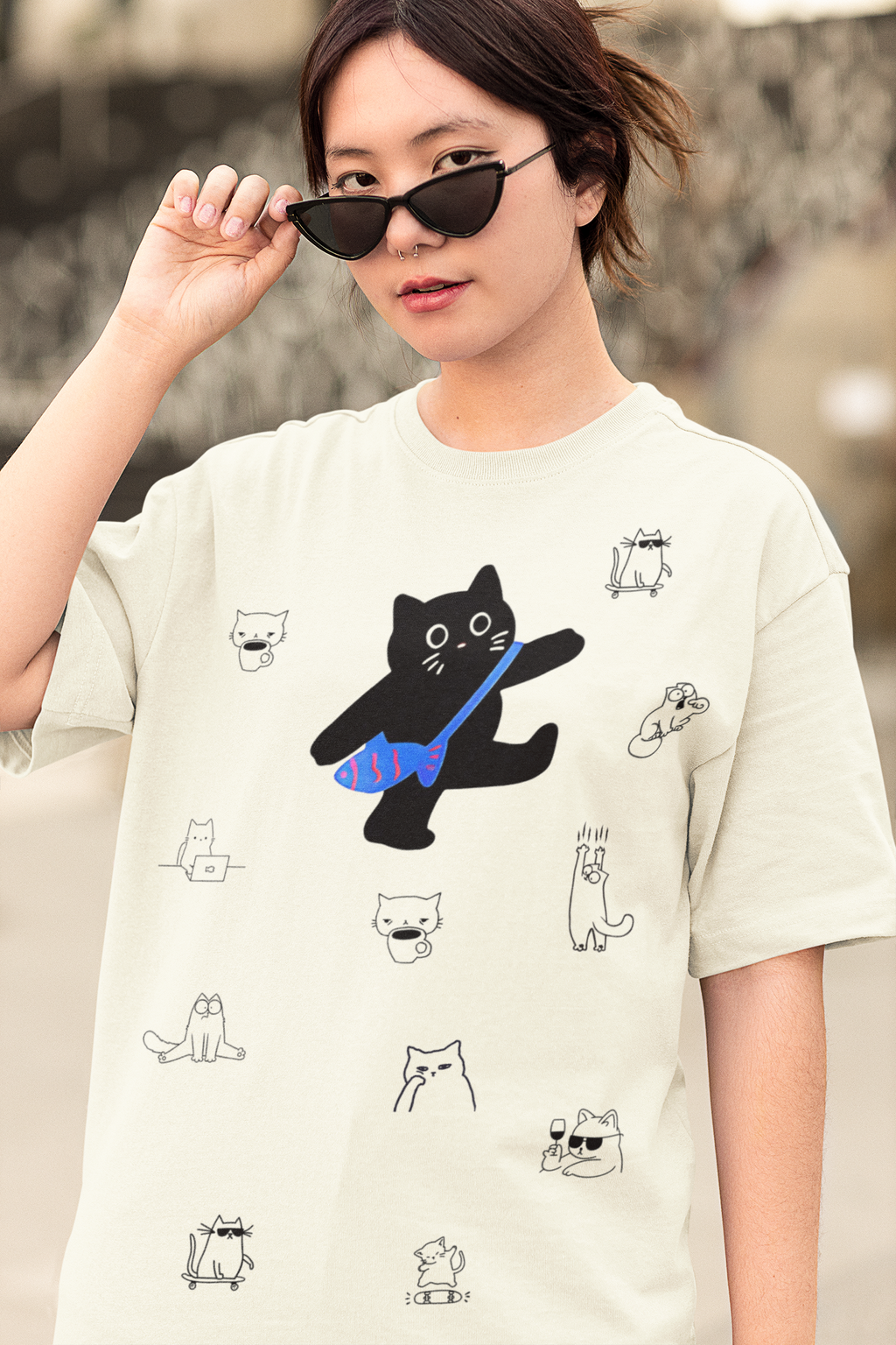 Playful Cat Oversized T-Shirt for Women