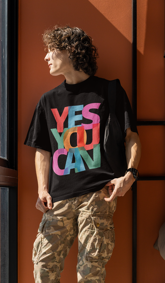 YES YOU CAN Black Oversized T-Shirt for Men